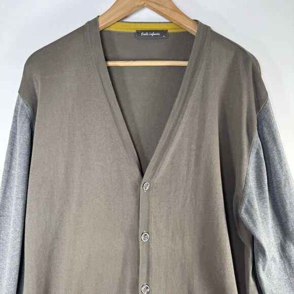 Emile Lafaurie Men XL Cardigan Sweater Made in Italy Olive Green Gray Colorblock - Picture 2 of 14